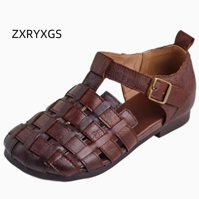 

ZXRYXGS Summer Round Toe Hollow Women Sandals Premium Genuine Leather Sandals Elegant Comfort Mid Heels Roman Sandals New 2025
