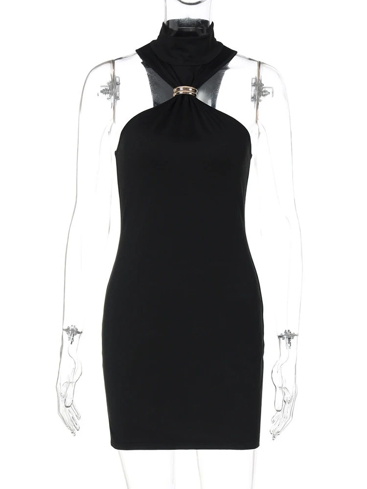 Sibybo dolcevita con spalle scoperte mini abito sexy per donna abito estivo moda metallo senza maniche backless aderente abiti corti