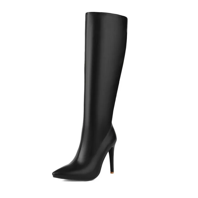 Black Brown Fashionable Women\'s Knee Length Boots 2024 Autumn Winter New Short Plush 11cm High Heels Women\'s Shoes Size 35-47