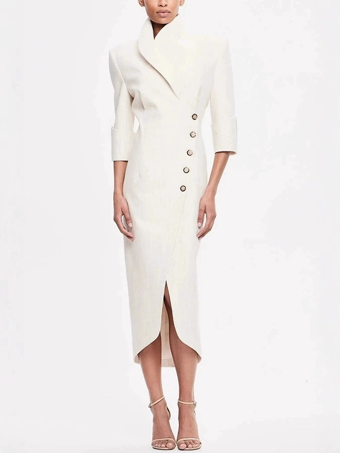 البدلة نمط فساتين ضئيلة النساء مزاجه المائل مشبك ثلاثة أرباع كم حزمة الورك شق فستان سيدة التنقل Vestidos