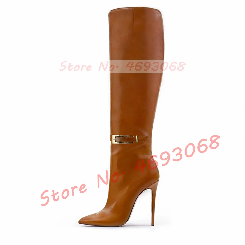 Knee High Ankle Strap Stiletto Boots Women New In Gold Buckle Pointy Toe High Heels Boots Big Size Fashion Design Leather Shoes