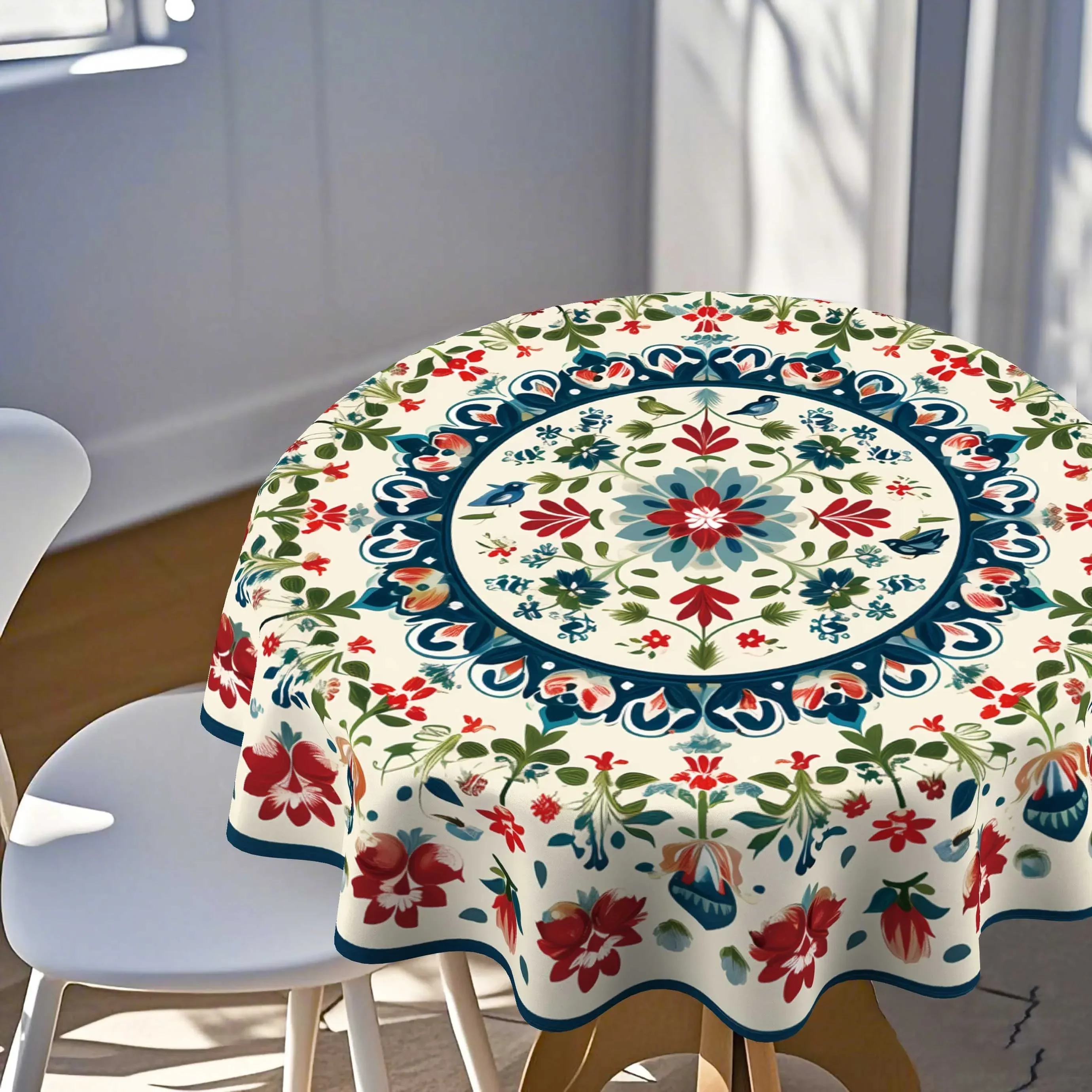 One ethnic-style floral round tablecloth - 2D flat printing, bright red, green and blue vibrant tulip patternxzj