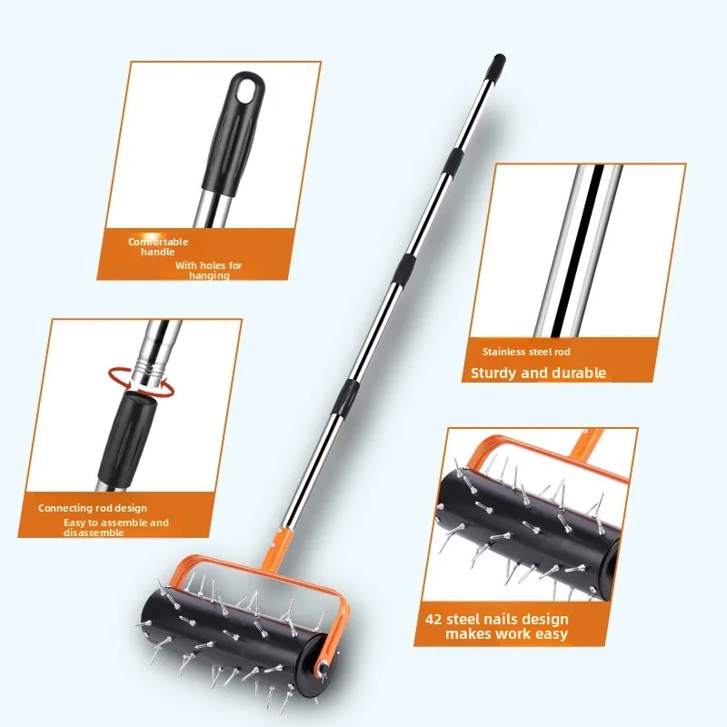 Rolling Lawn Aerator 42 Spikes Adjustable Handle Length Push Spike for Yard Patio Plowing Garden Tools Soil Loosening Device