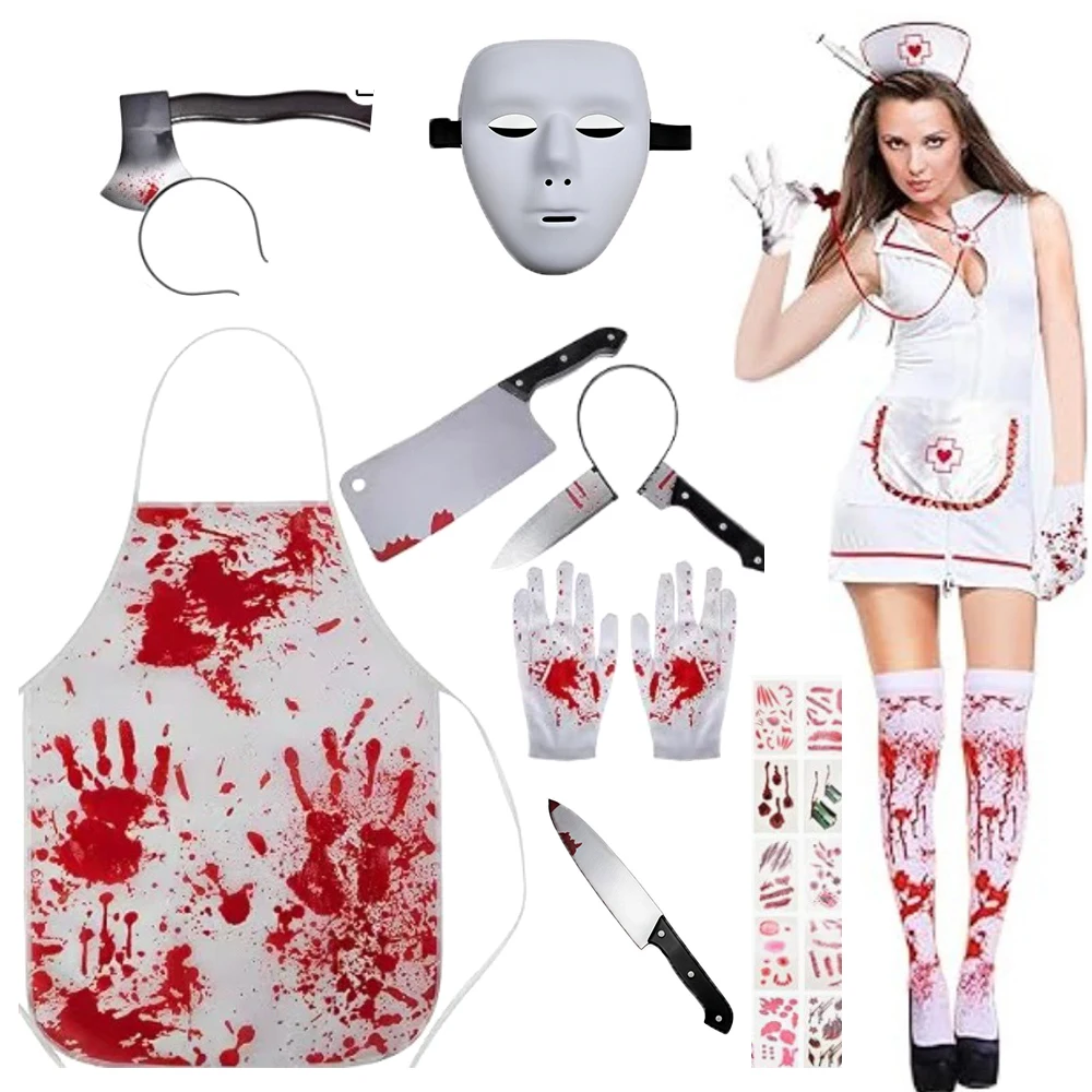 Halloween Bloody Apron Costume Set Horror Party Props Realistic Knives Masks Gloves and Thrilling Masquerade Accessories Props