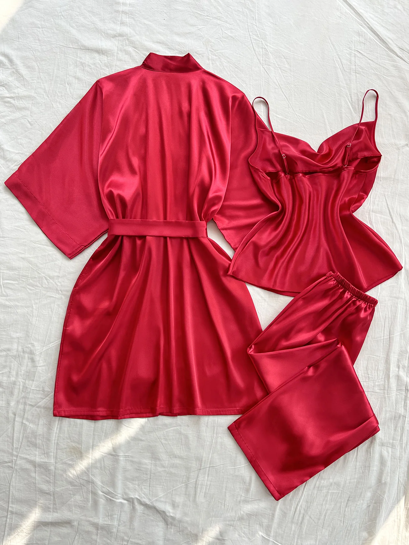 Pijamas de mujer con cuello en V de 3 piezas, bata Dexy de color sólido y pijama halter, conjunto de pijamas de poliéster para mujer