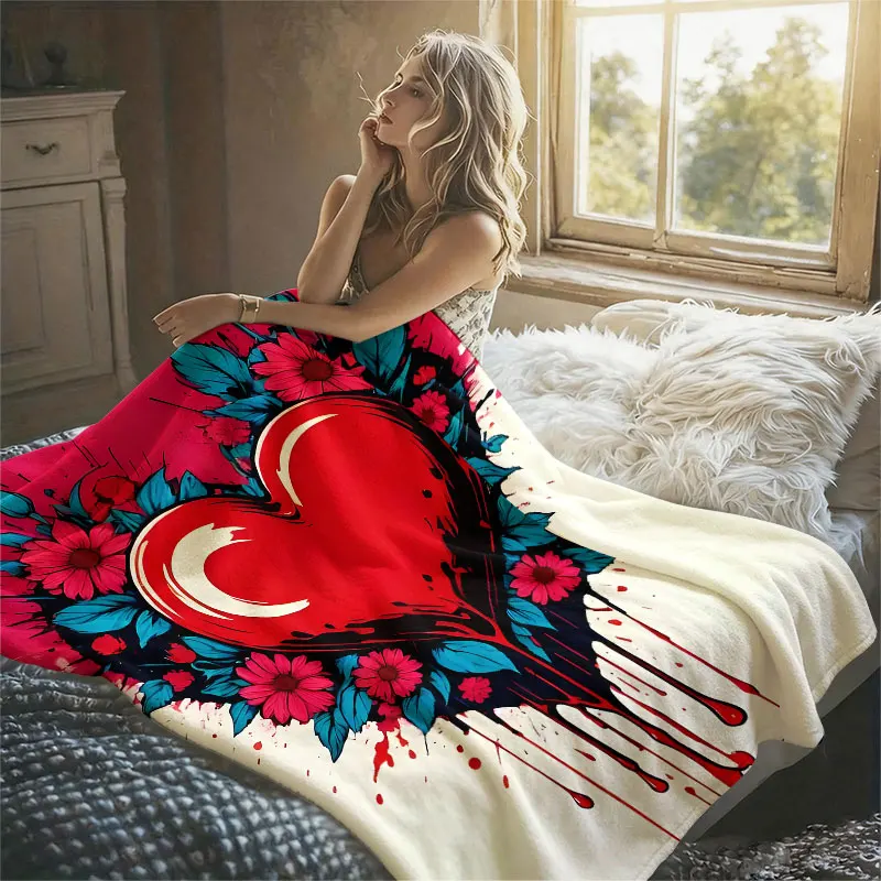 Red Heart Flowers Drip Flannel Blanket Perfect for Sofa Office Bed Travel Sleep Read Relax Camping Four Season Use