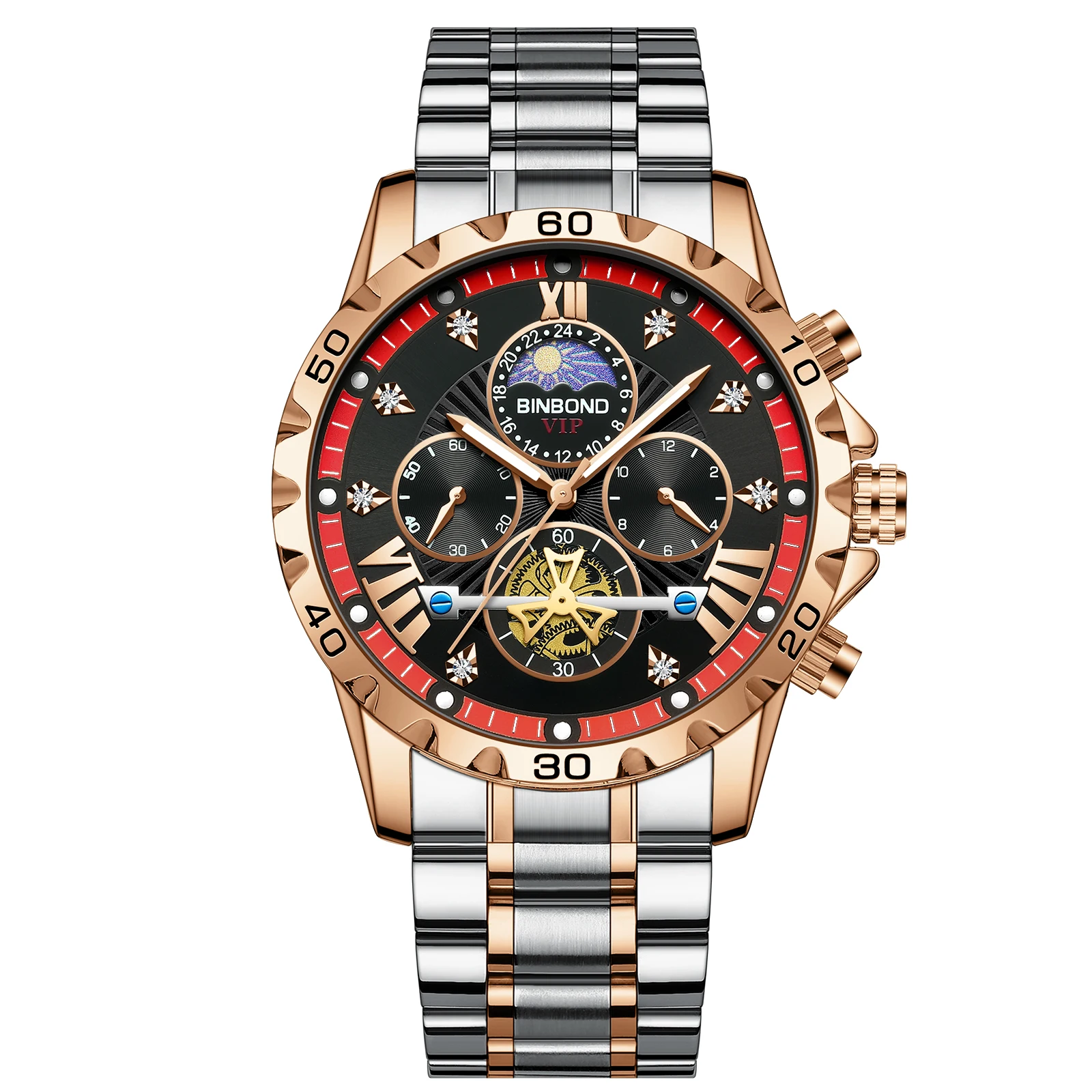 BINBOND Tourbillon Orologio da lavoro Impermeabile Luce notturna Data Orologio da uomo con striscia in acciaio Orologio da uomo di moda di lusso