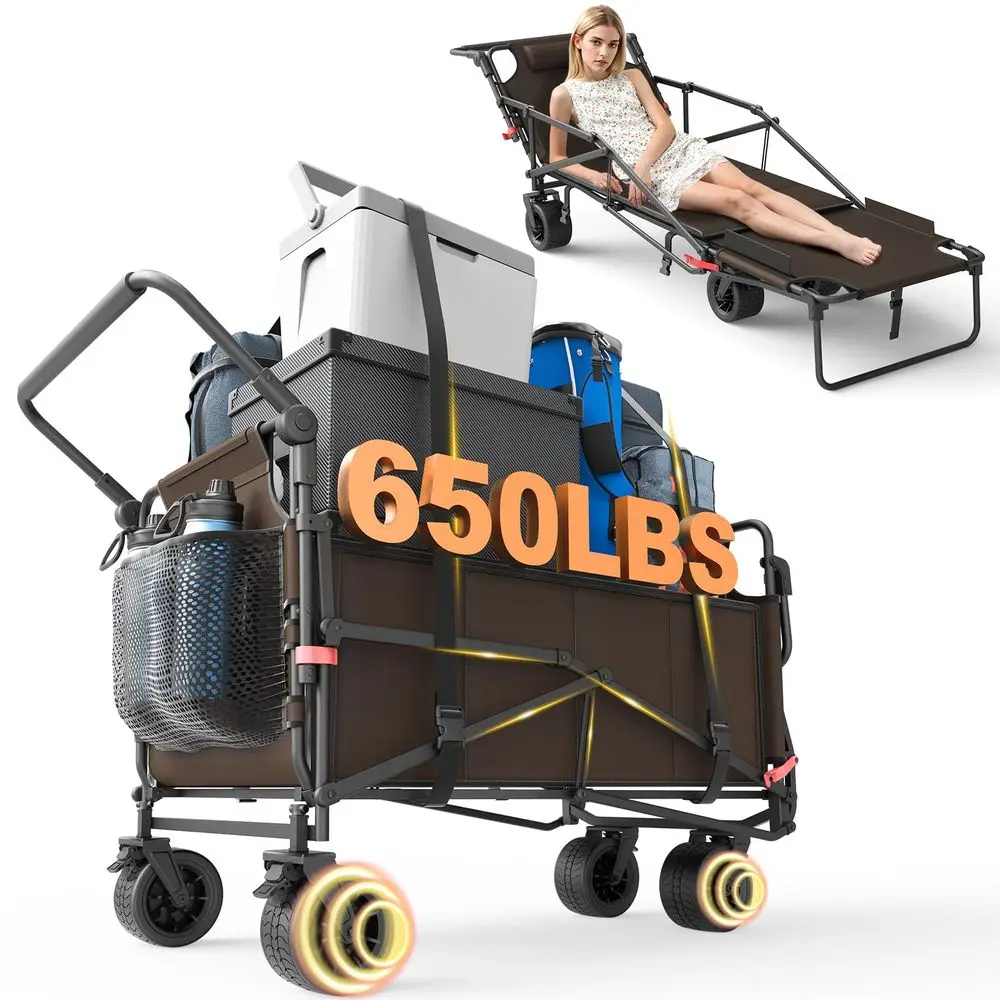 

Heavy Duty Folding Wagon 2in1 Collapsible Cart, 650lb Capacity, AllTerrain Wheels w Brakes amp Side Pockets Brown