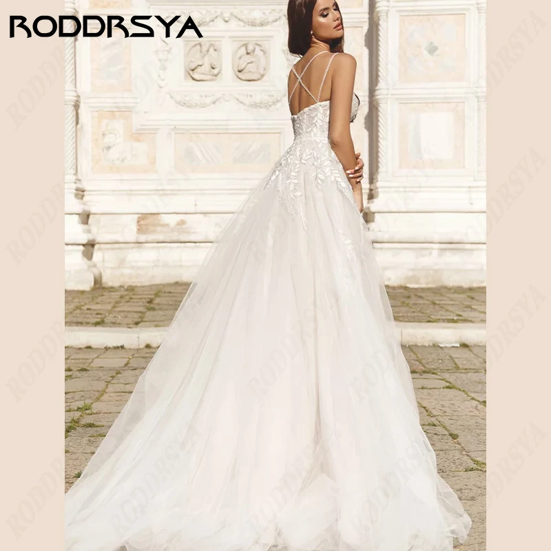 RODDRSYA Elegant Tulle A-line Wedding Dresses Sleeveless Backless Bride Gown Scoop-Neck Lace Appliques Bridal Party For Women