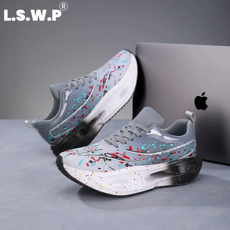 Men's Casual Sports Shoes, Men's Personalized Graffiti Racing Running Shoes, Trendy Splash-Ink Print Mesh Breathable Men's Sports Shoes, Thick-Soled Shock-Absorbing Lightweight Non-Slip Wear-Resistant Men's Shoes, Outdoor Training Fitness Jogging Multi-Color Versatile Men's Running Shoes