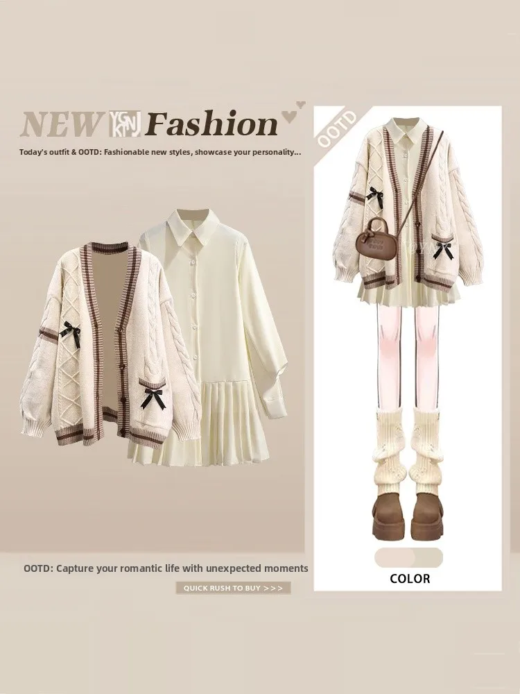 

Unique Beautiful Knot Knitted Sweater Dr plus Size Women Sweet Sle Age Reduction Street Faion Two Piece Set