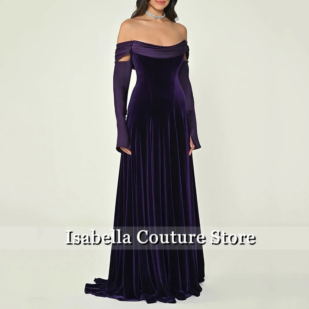 

Purple Velvet Prom Gowns Off The Shoulder A Line Formal Occasion Dress Elegant Maxi Prom Party Dresses Customized