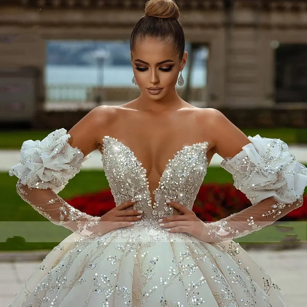 

Блестящие блестки и бисер Кружевные свадебные платья Бальное платье Съемное платье невесты без бретелек с длинными рукавами Vestido De Novia по индивидуальному заказу