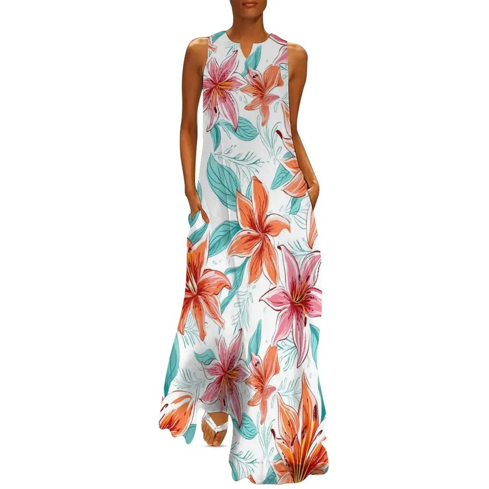 

Loose Summer Lily Floral Dress For Womens Pink Flowers Vintage Maxi Dress Aesthetic Casual Sleeveless V-neck Beach Long Dresses