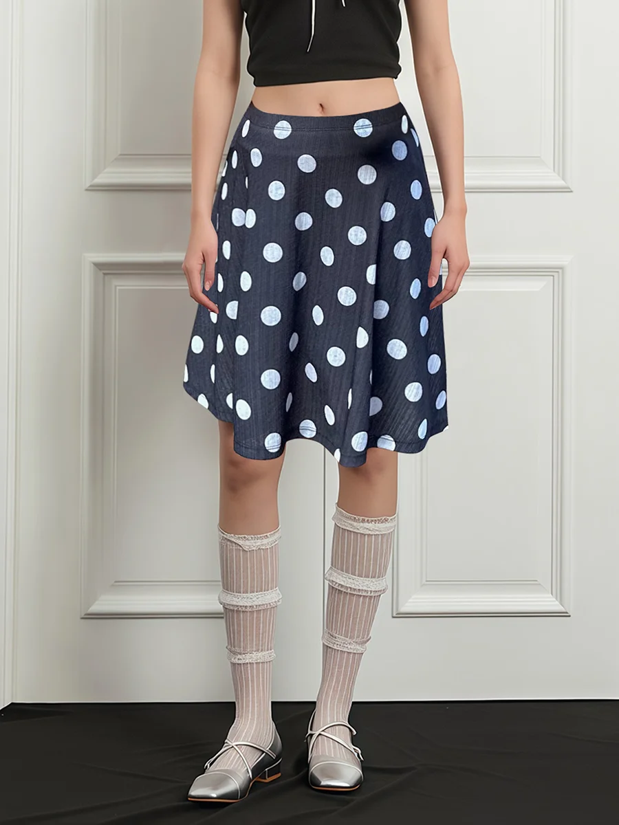New Fashion Womens Midi Skirt Loose Fit Thin Stylish White Dot Pattern Low Rise Skirt For Summer Hot Sale S M L