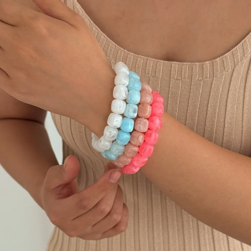 4Pcs Vintage Multicolor Beads Bracelet Set Stackable Marbling Round Bangles Transparent Cuff Bracelet Set Jewelry