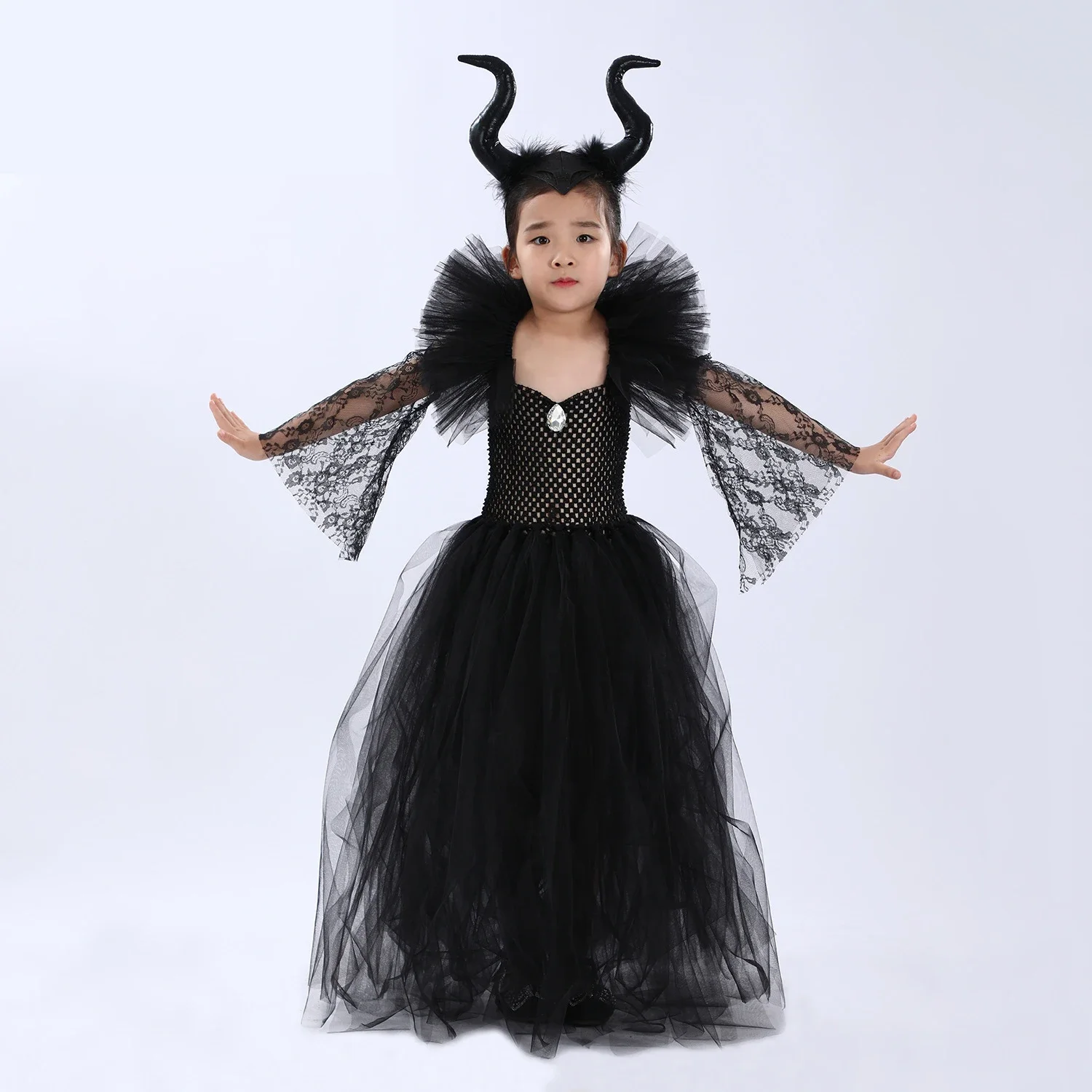 

Halloween Children Witch Queen Cosplay Costume Cute Lace Long Sleeve Set Dress Girl Holiday Party Stage Performance Clothes