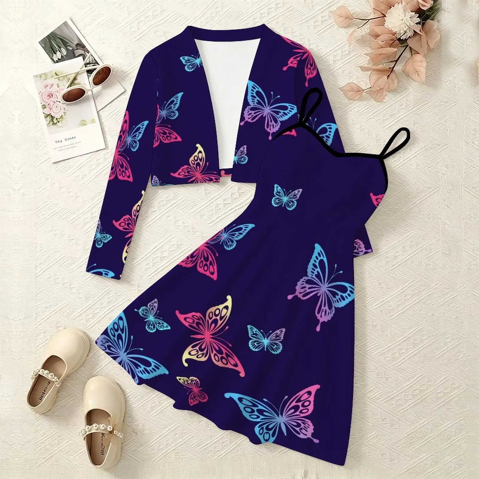 Girls Print 2Pcs Outfit, Sweet Adorable Long Sleeve Cardigan & Spaghetti Strap Dress, for Daily Everyday Wear Vacation