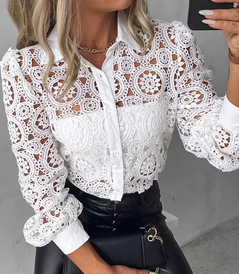 blusas elegantes para mujer 2024 Women White Lace Shirt, Unlined Long Sleeved Shirt, Fashionable Hollowed Out Vintage Top