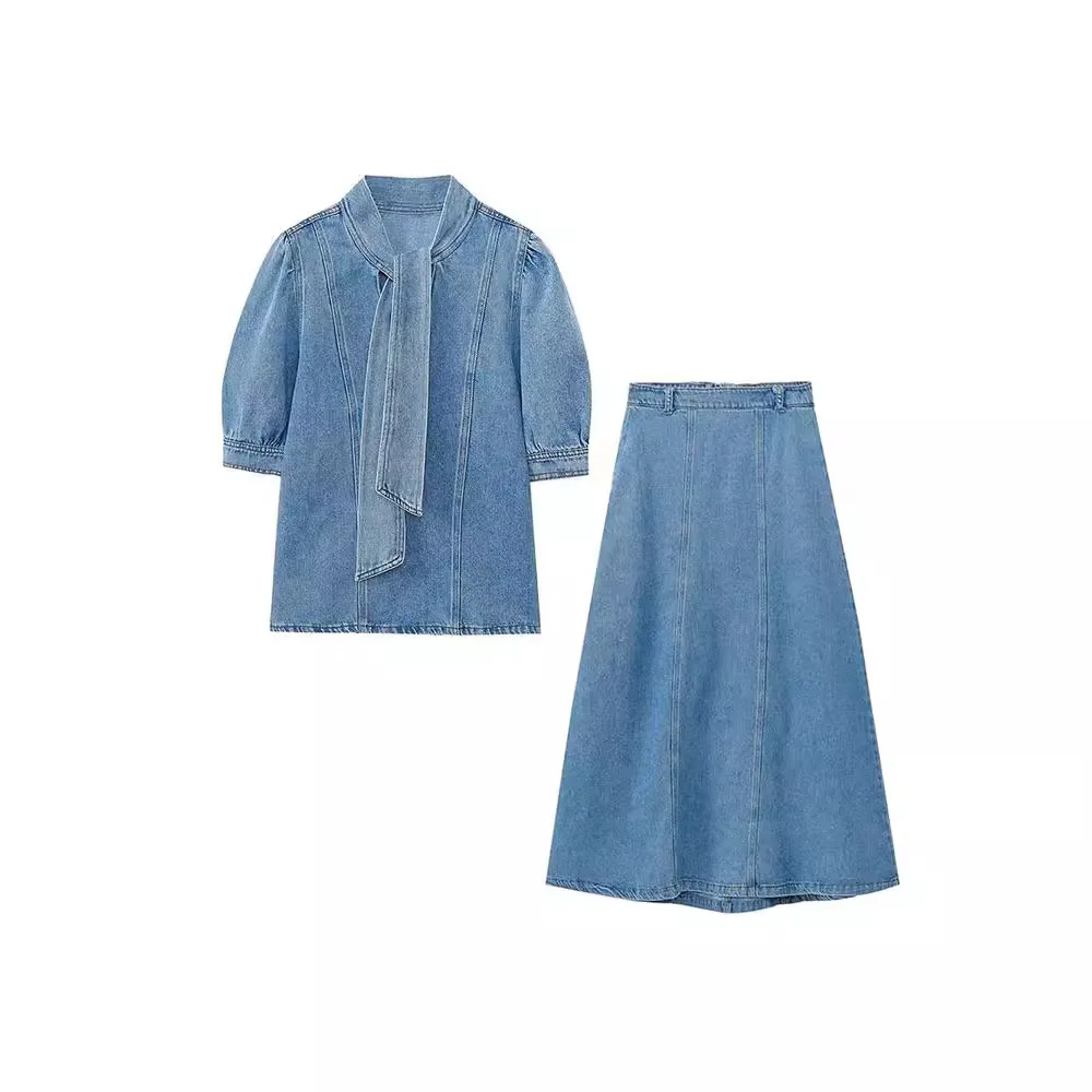 Women\'s Bow Embellished Denim Skirt Set Bubble Sleeve V-Neck Shirt Pure Color High Waist Half-body Skirt Two Piece Set