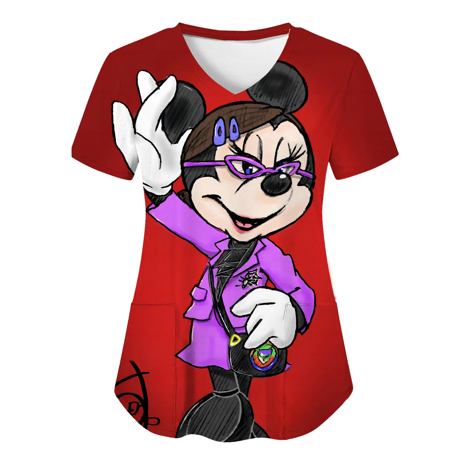 T-shirt à col en V Minnie Mouse pour femmes, vêtements pour femmes, uniforme d'infirmière, chemise Y-Disney, haut à poche, t-shi