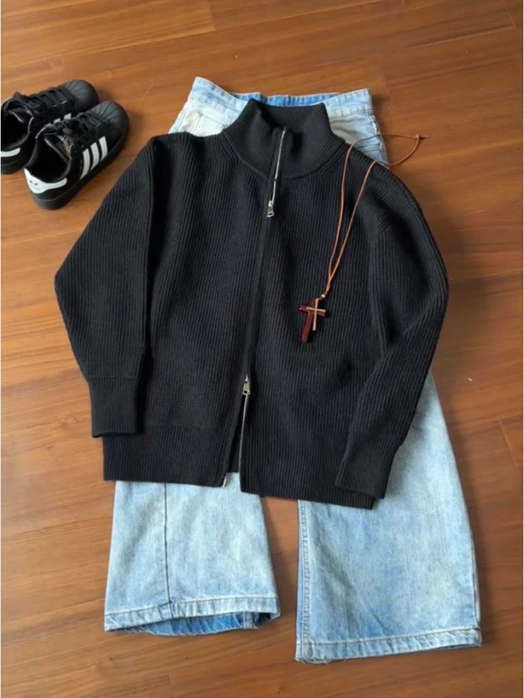 

Bla Double Zipper Open Cardigan Sweater Men's Loose Fit American Lazy Sle Knitted irt Cleanfit Outerwear Long Sve