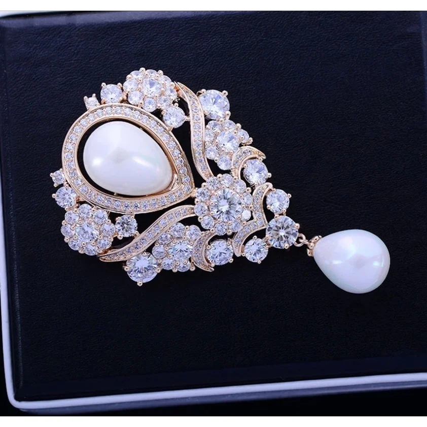 Vintage Ribbon Scroll Imitated Pearl Drop Wedding Bridal Brooches Luxury Jewelry