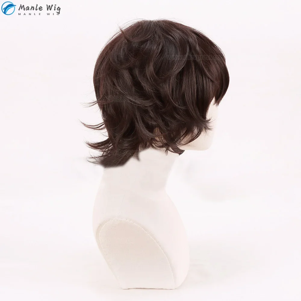 Anime Dazai Osamu Wig Cosplay Dark Brown Short Curly Dazai Osamu Cosplay Wig Heat Resistant Hair Halloween Party Wigs + Wig Cap