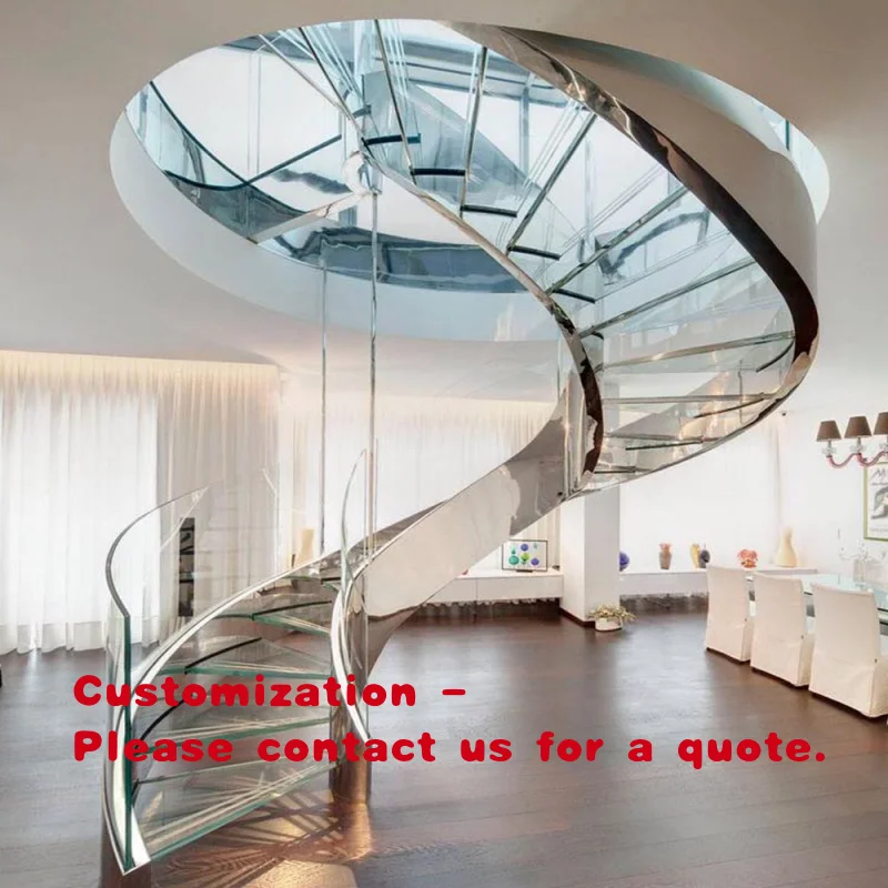 custom.Wood Tread Steel Structure Curved Staircase with Stainless Steel Rod Railing
