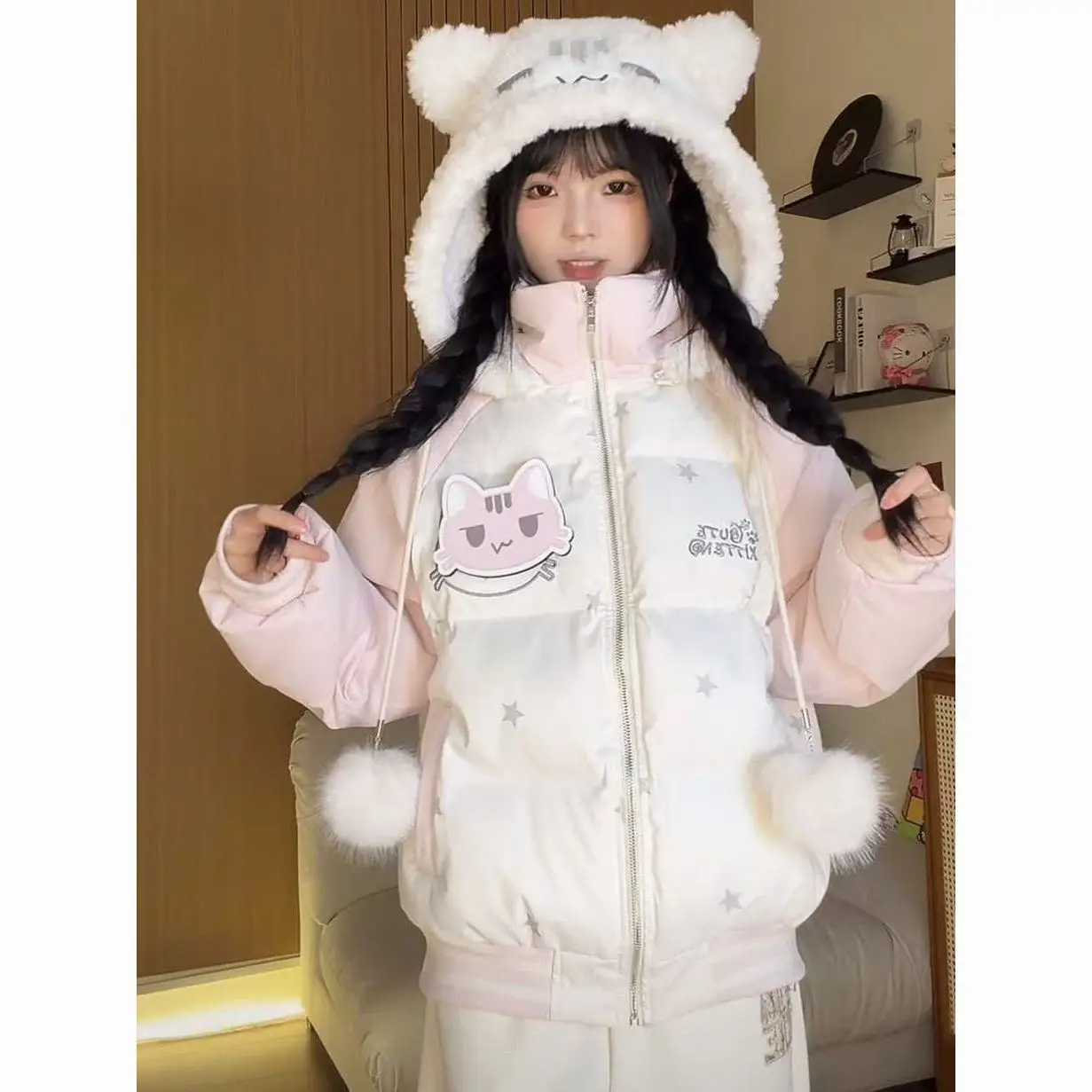 

Japan Sweet And Cute Contrast Color Star Velcro Kitten Hooded Cotton Jacket For Women Winter Loose Bread Jacket