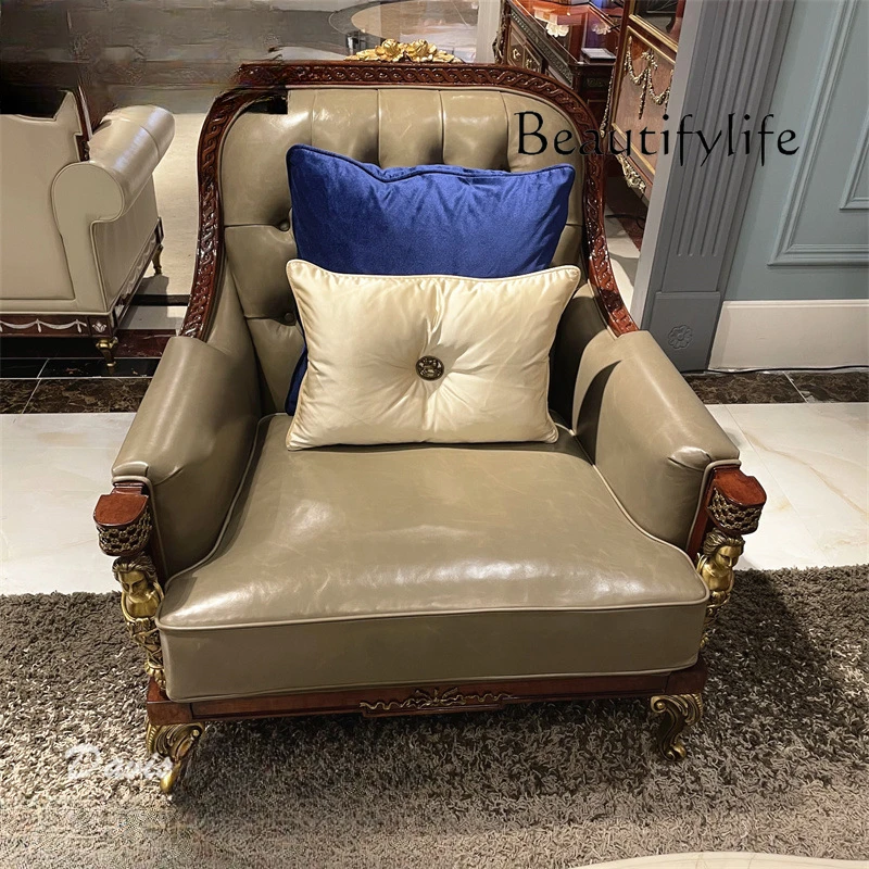 

Sofa Villa Classical English Living Room Furniture European Solid Wood Leather Combination Roman Pillar Leather Sofa