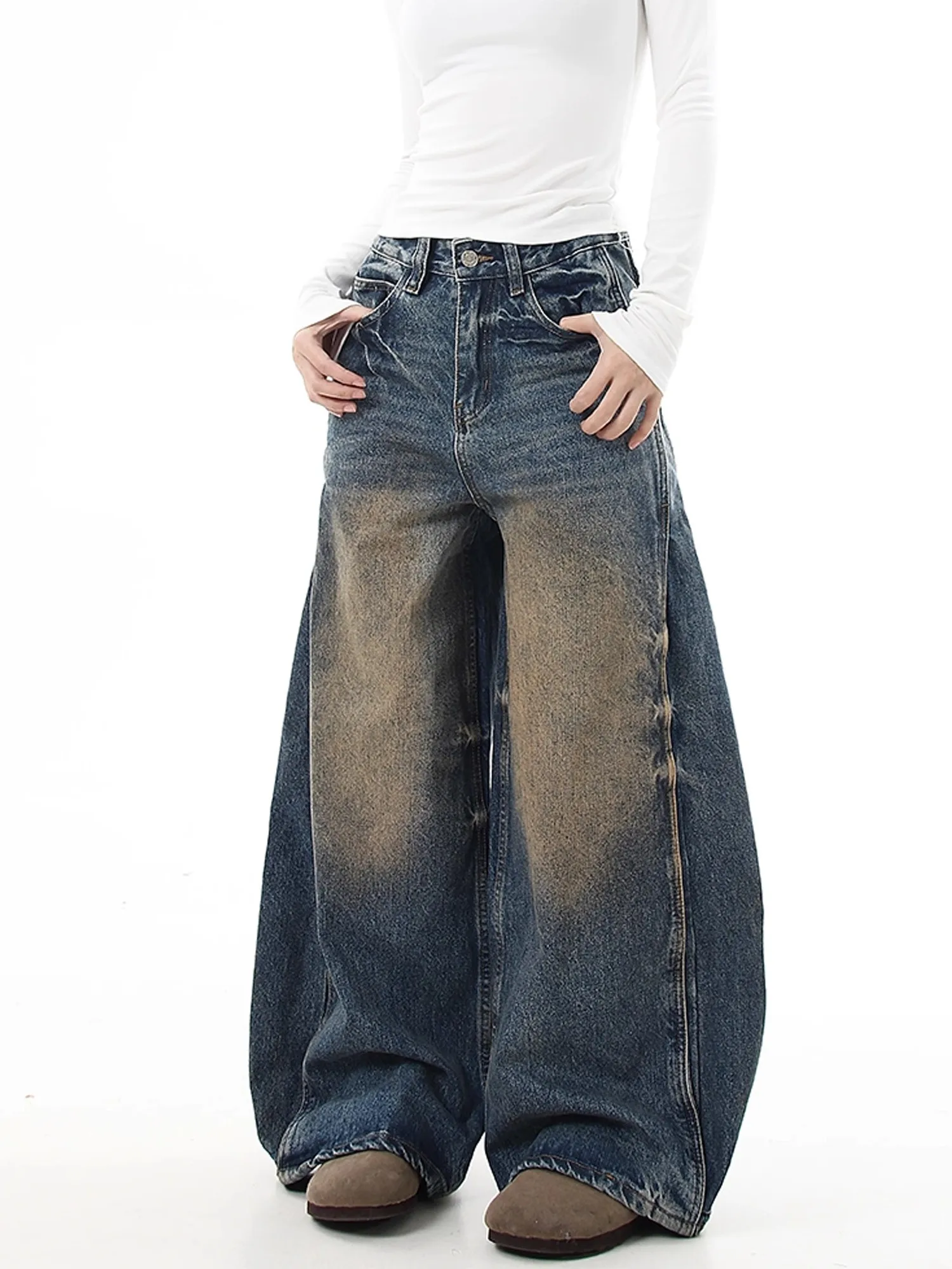 

Retro American Weathered Mud Dye Denim Jeans Men Women Design Loose Wide Leg Pants Casual Wear All Seasons High Waist Straigh...