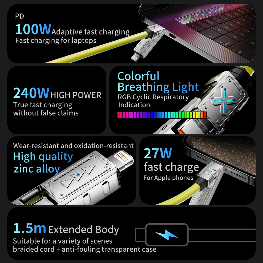 كابل بيانات شحن سريع للغاية 1.5 متر/59.06 بوصة 240 وات 4 في 1 لهواتف iPhone وسامسونج وهواوي وشاومي كابل شحن متعدد المنافذ #2