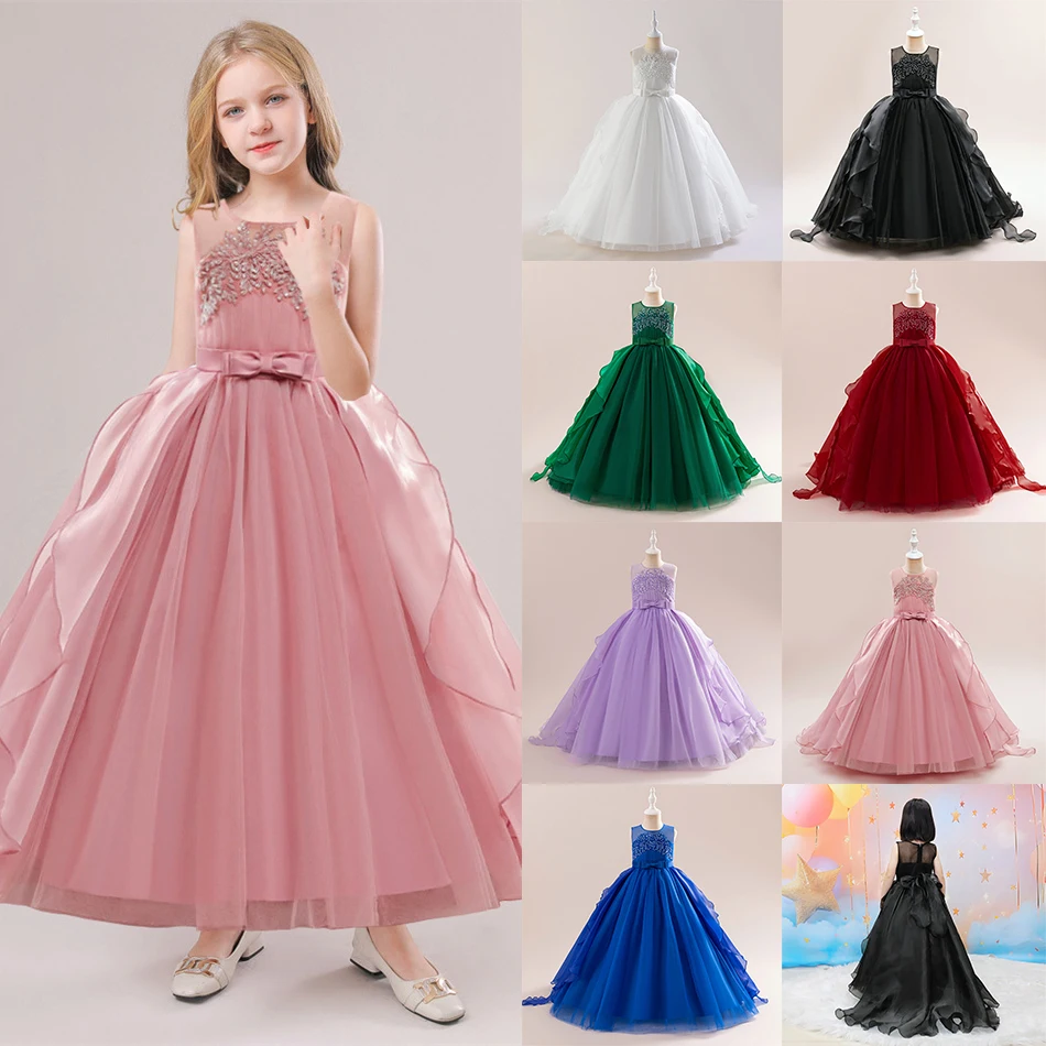 

Wedding Evening Elegant Gown for Girls Solid Sleeveless Evening Princess Dress Kids Host Performance Fashion Show Party Clothes