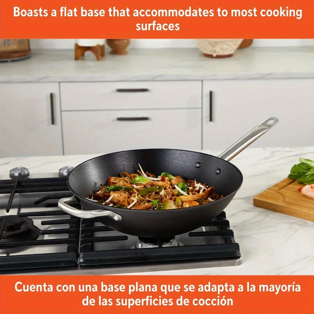 مقلاة من الحديد الزهر الخفيف مقاس 14 بوصة مع مقبض من الفولاذ المقاوم للصدأ