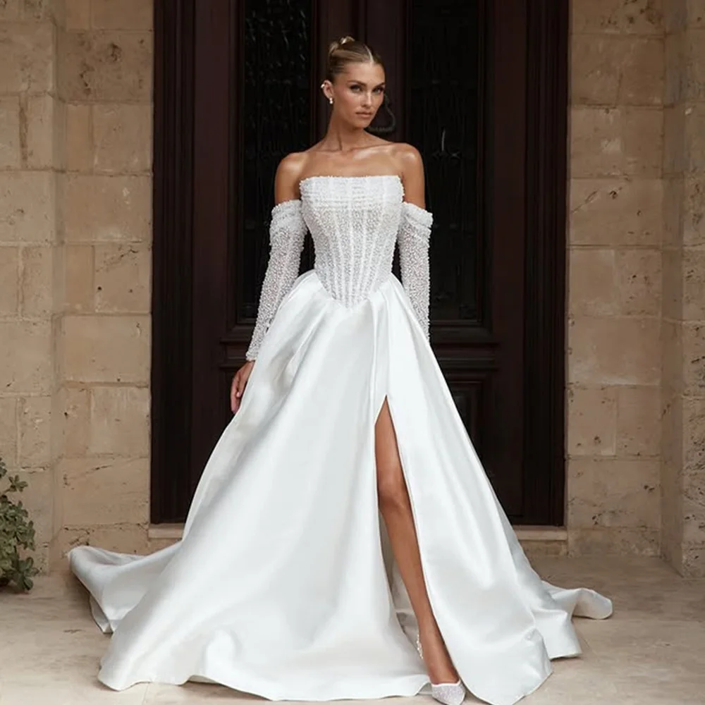 

Shiny Beaded Sequined Detachable Long Sleeves A Line Wedding Dresses Side Slit Custom Made 2025 Vestido De Noival