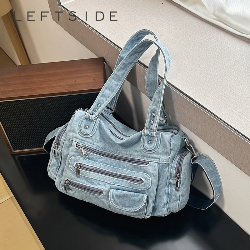 

Women's Denim Multi-Zip Shoulder Bag Retro Street Aesthetic Daily Casual Shopping Travel Handbag 2026 Simple Small Tote Bags
