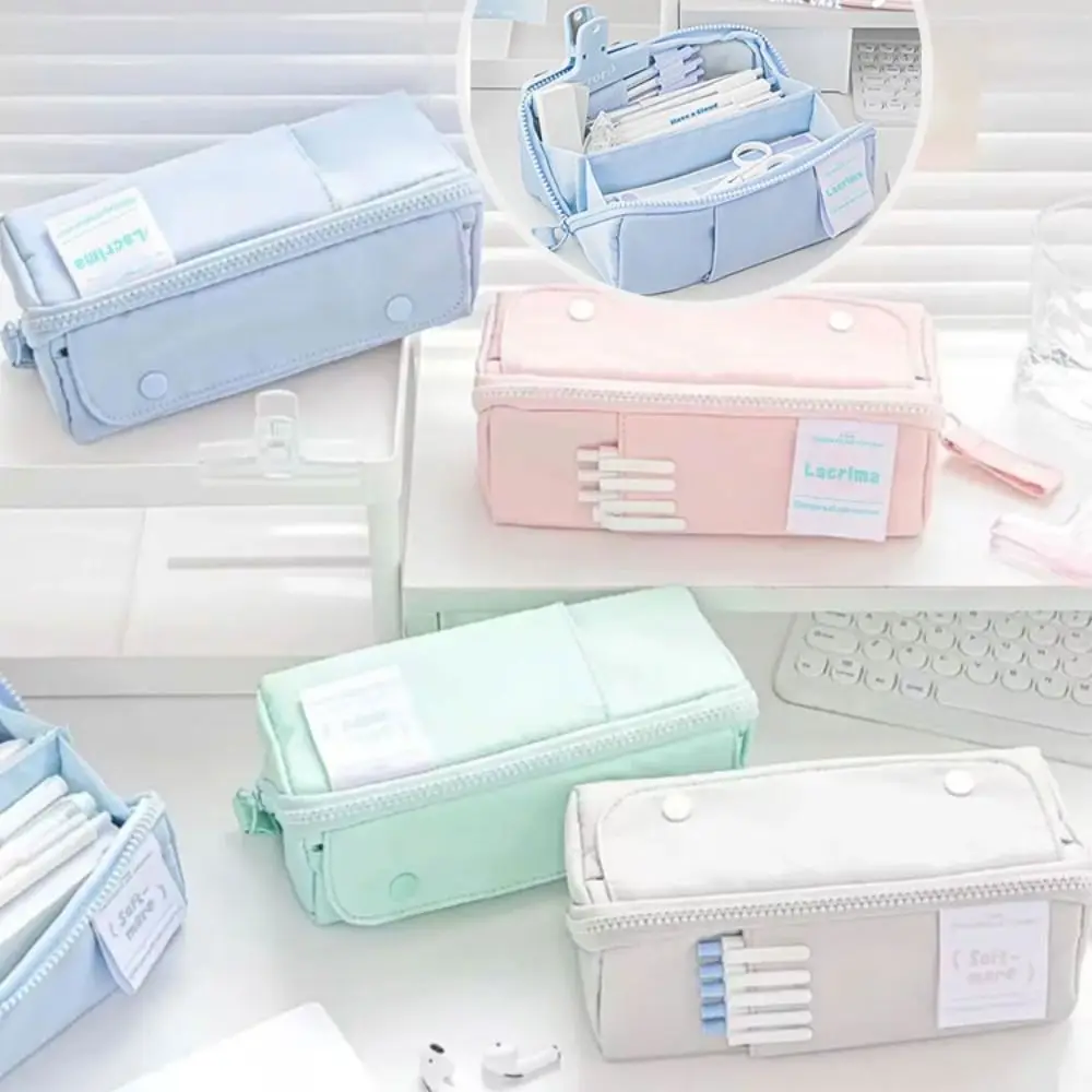 Canvas Prism Pencil Case Large Capacity Sweet Color Tofu Partition Pen Bag Multi-layer Stationery Storage Pouch Student Supplies
