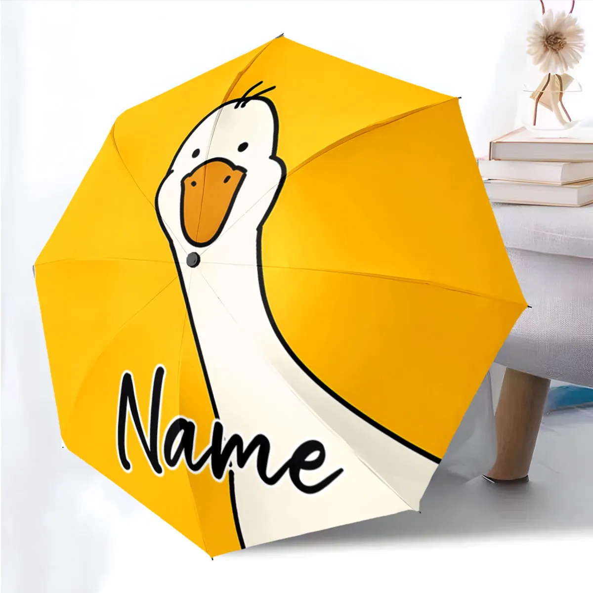 Custom Name Duck Illustration on Yellow Umbrella Design Print 8 Iron Ribs Folding Umbrella Auto-Open Fashion Sunshade
