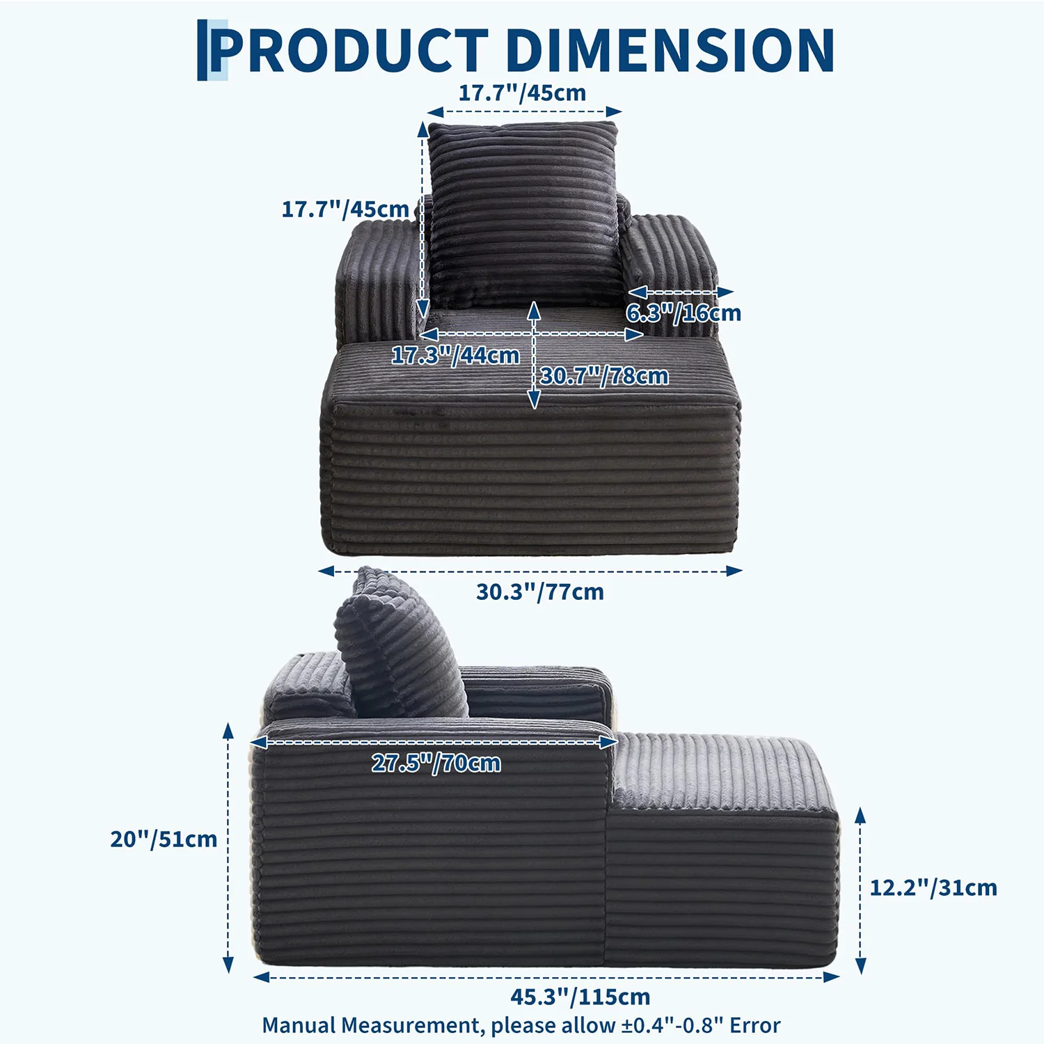 45'' Corduroy Cloud Chaise Lounge Sofa, Deep Seat Reading Chair With Wide Armrests, Back Pillow, No-Assembly Couch