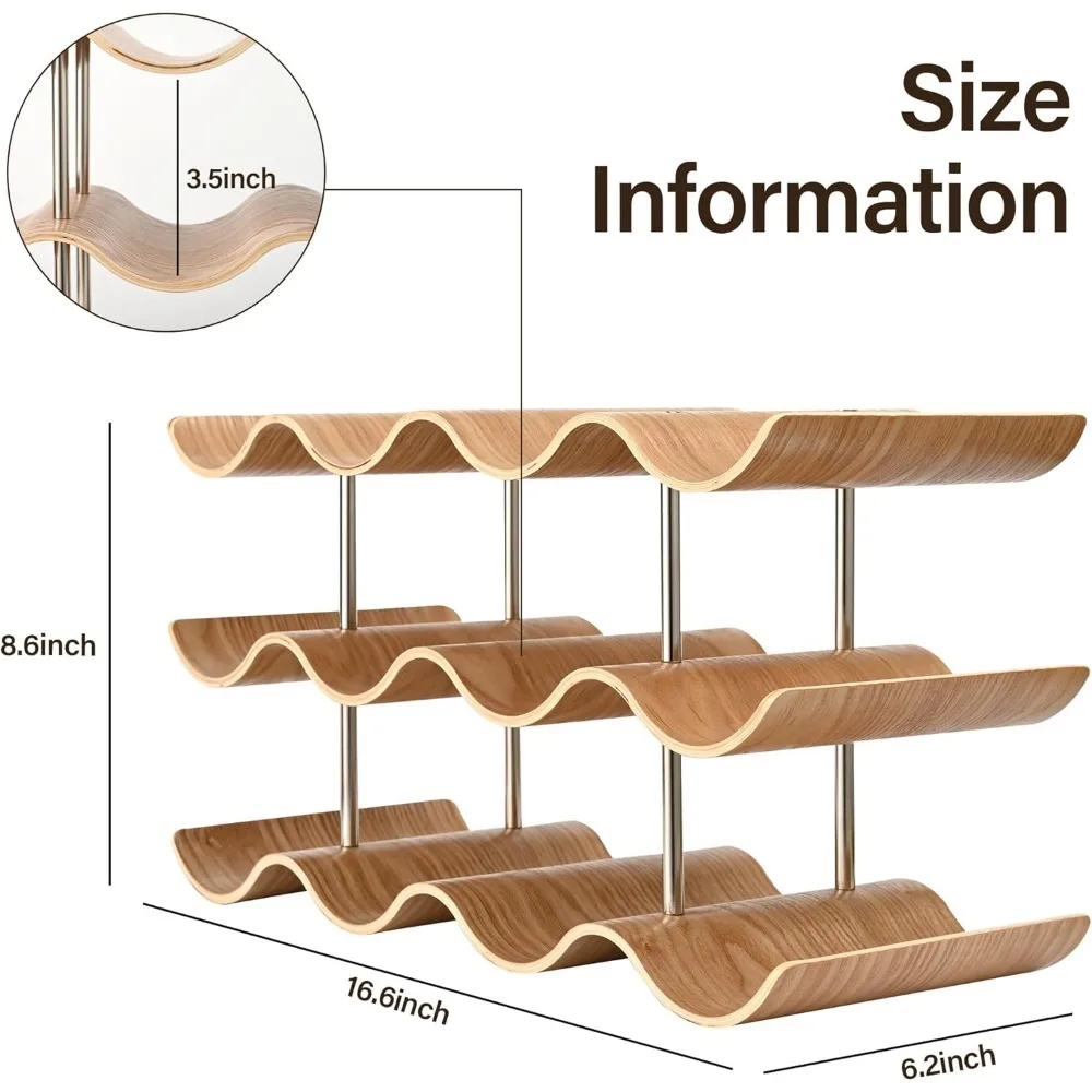 12 Bottle Wooden Wine Rack - 3 Tier Freestanding Holder for Kitchen Cabinet Storage