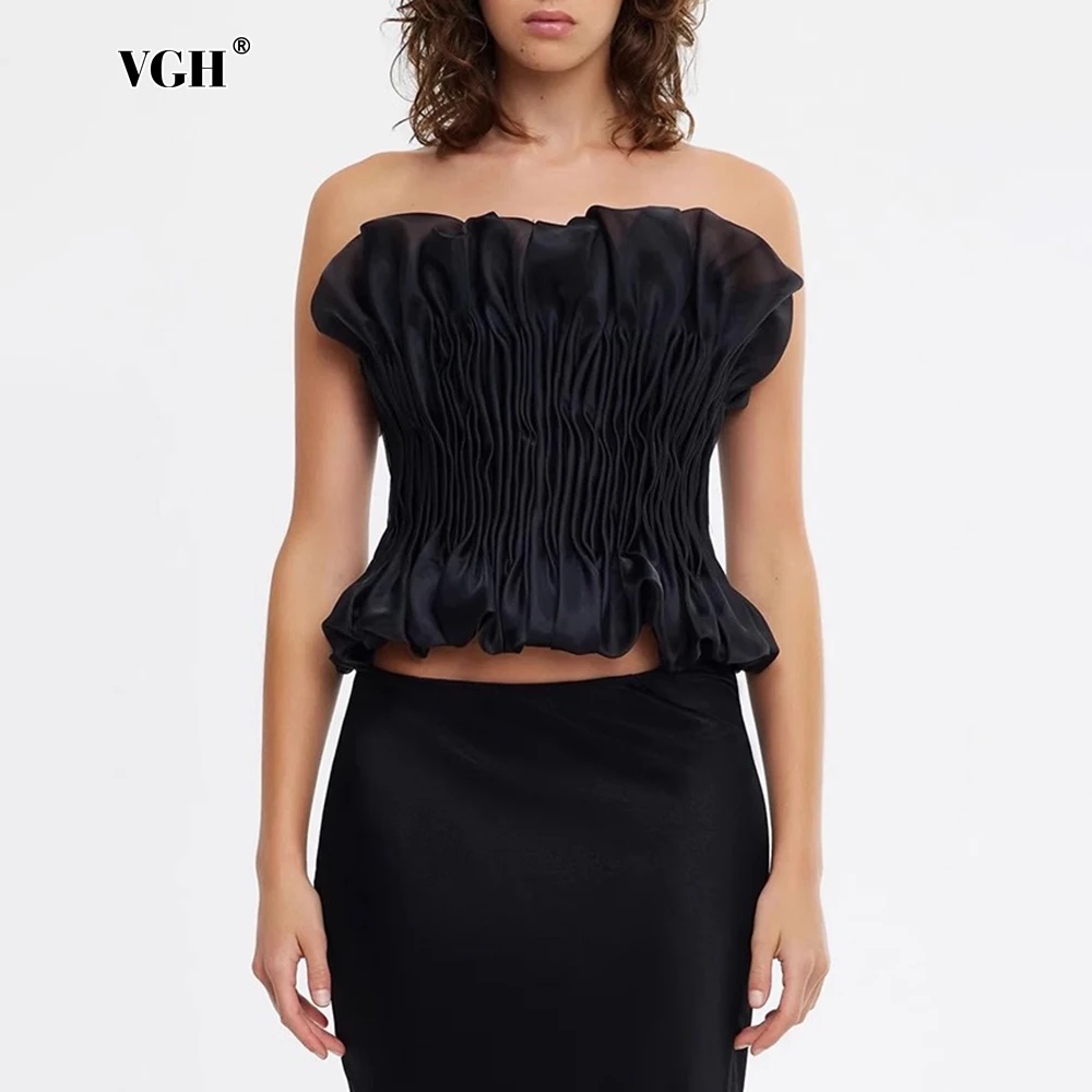 VGH Solid Designer Tank Tops for Women Sleeveless Off Shoulder Tunic Patchwork Elastic Folds Short Vest Female Clothes New Style