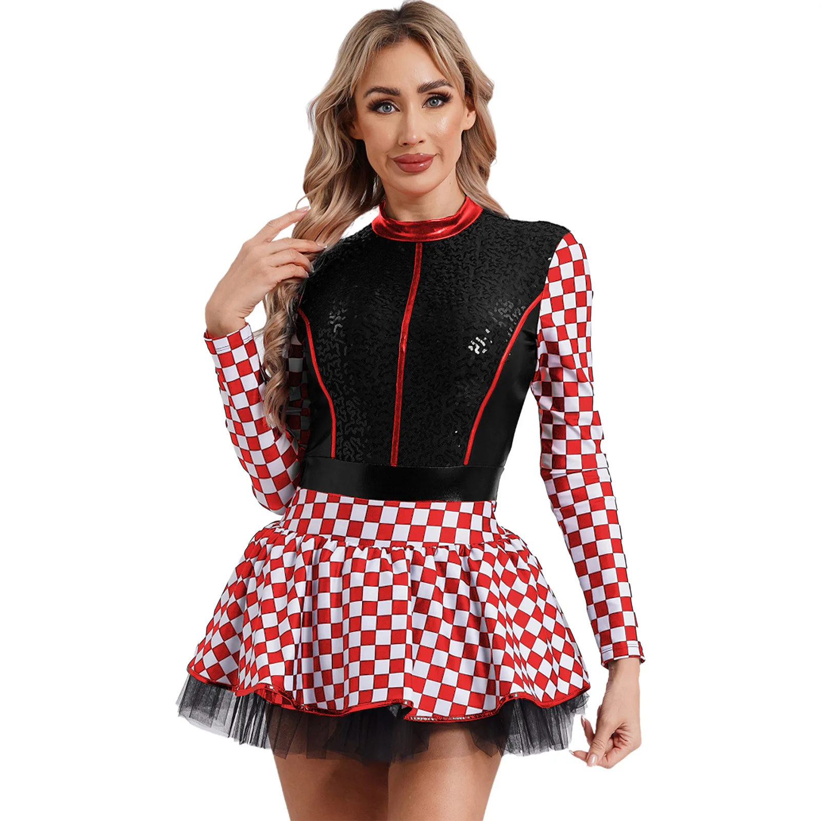 

Women's Checkerboard Racer Driver Cosplay Halloween Costume Long Sleeve Sequin Leotard Tutu Dress Racer Carnival Party Role Play