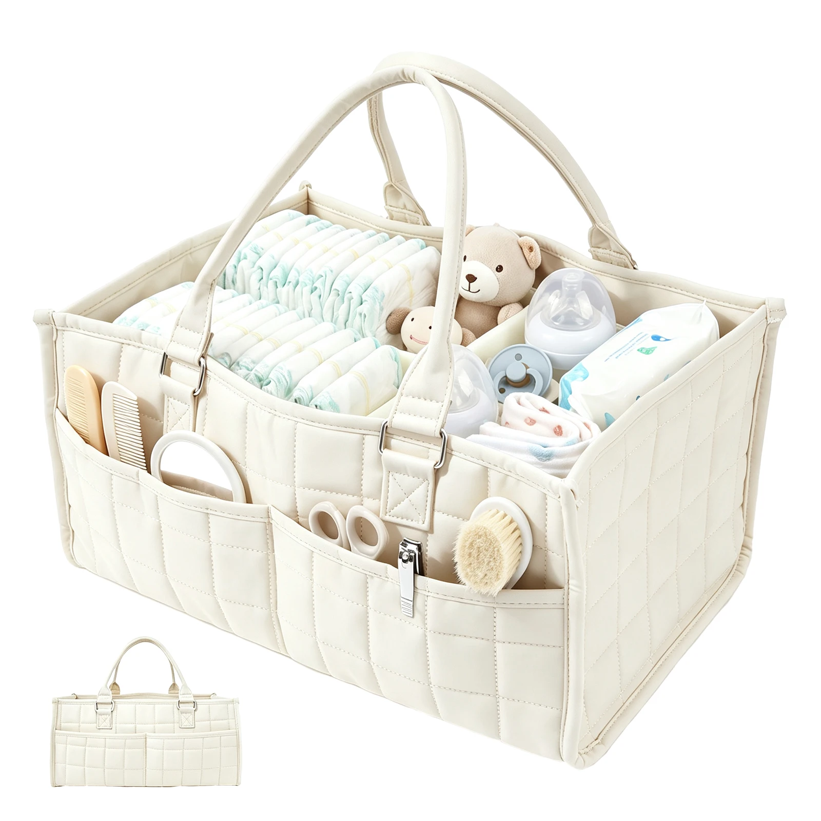 Baby Diaper Caddy Organizer Multifunctional Baby Products Basket with Removable Dividers and Outer Pockets for Home Travel