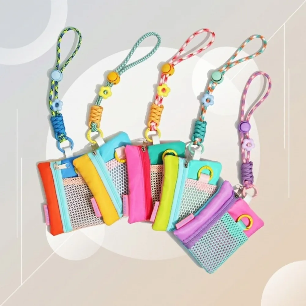 Creative Contrasting Mesh Key Coin Purse Zipper Lightweight Storage Pouch Portable with Lanyard Card Bag for Commute Travel Use
