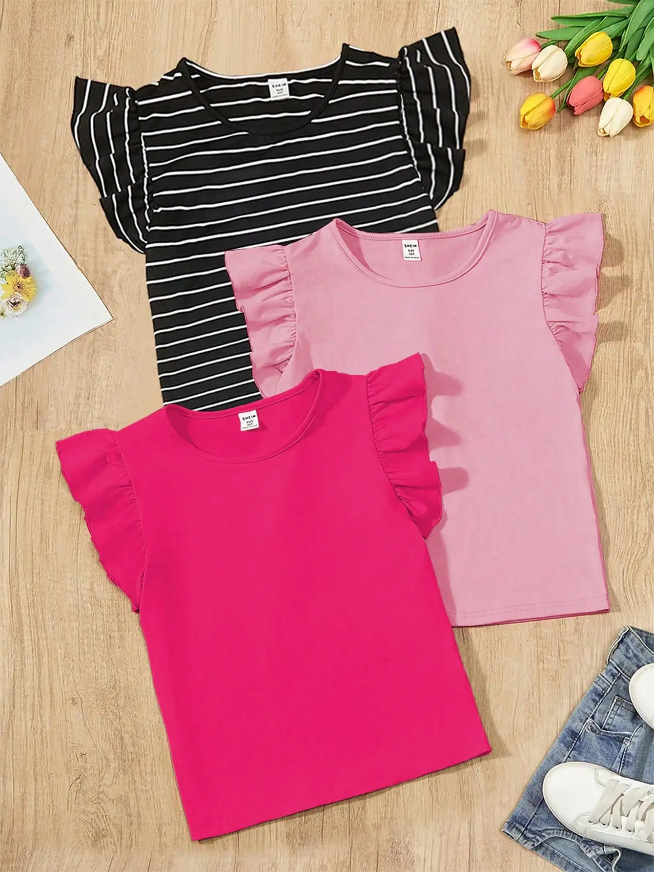 

3-Pack Girls Ruffle Sleeve T-Shirts - Striped & Solid Colors, Casual Summer Wear