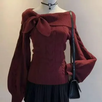 Y2K Korean Style Bow Knitted Pullover Female Sweet Japanese Slim Sweater Office Lady Autumn Winter Solid Fashion Outfits