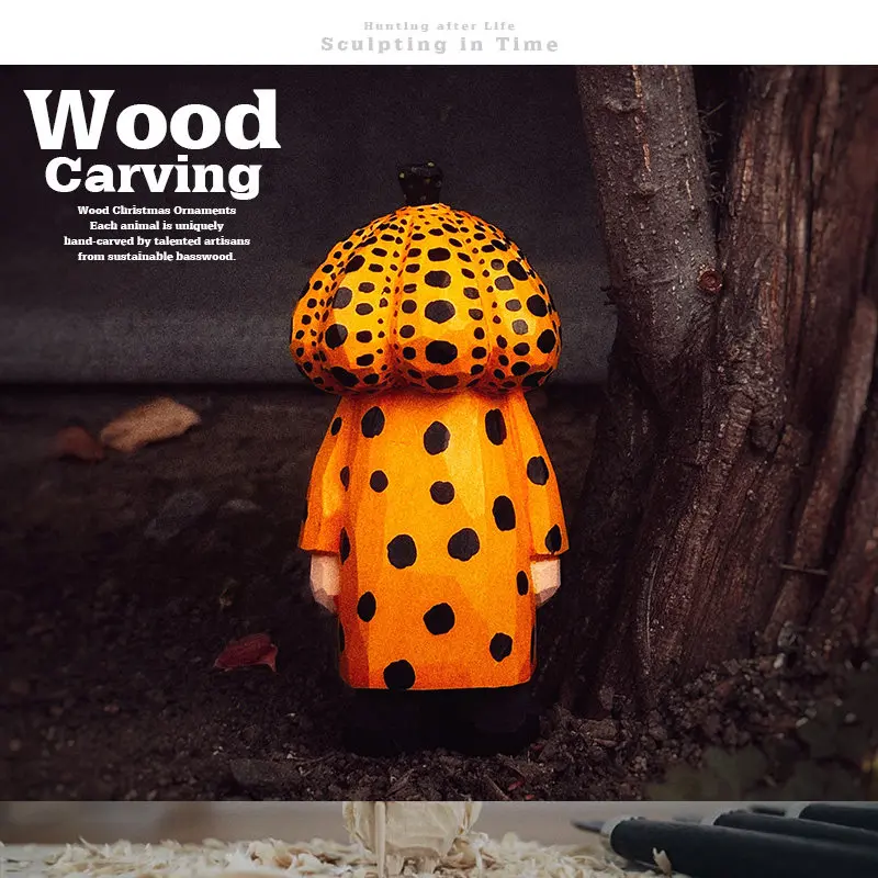 

Carved Wooden Ornament Polka-Dot Art Ornament Yayoi Kusama Pumpkin Wood Sculpture Hand Carving 13cm Desktop Ornament