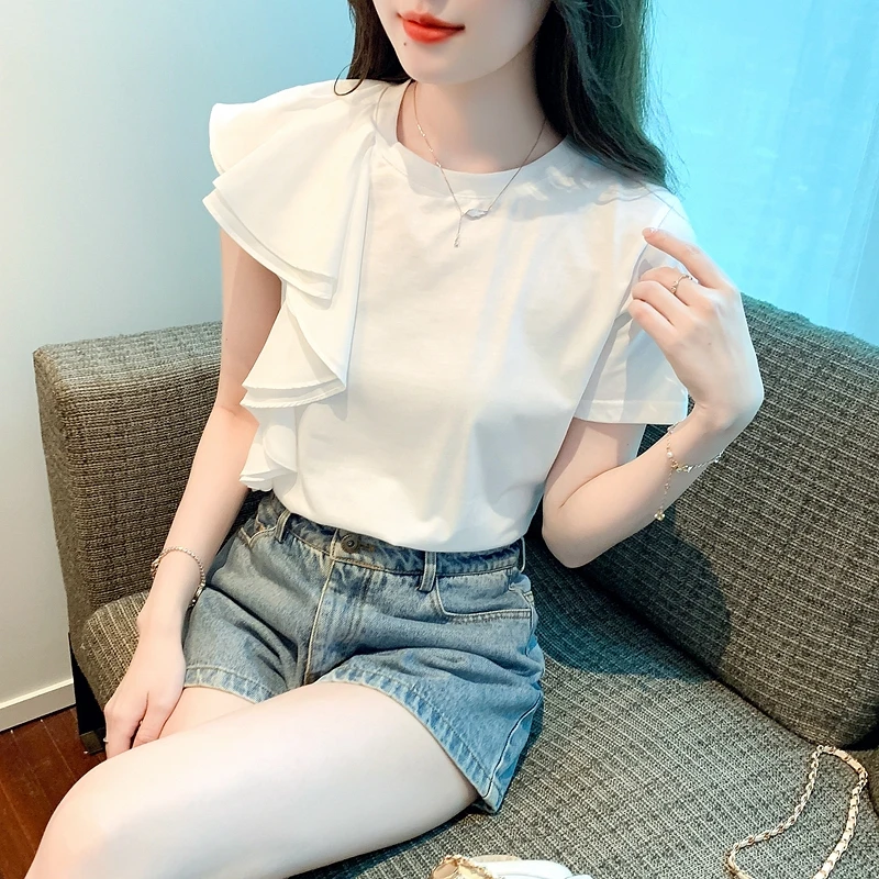 Fashion Butterfly Short Sleeve Ruffle T-shirt 2024 Summer Irregular White T Shirt Women Temperament Unique Round Neck Loose Tops