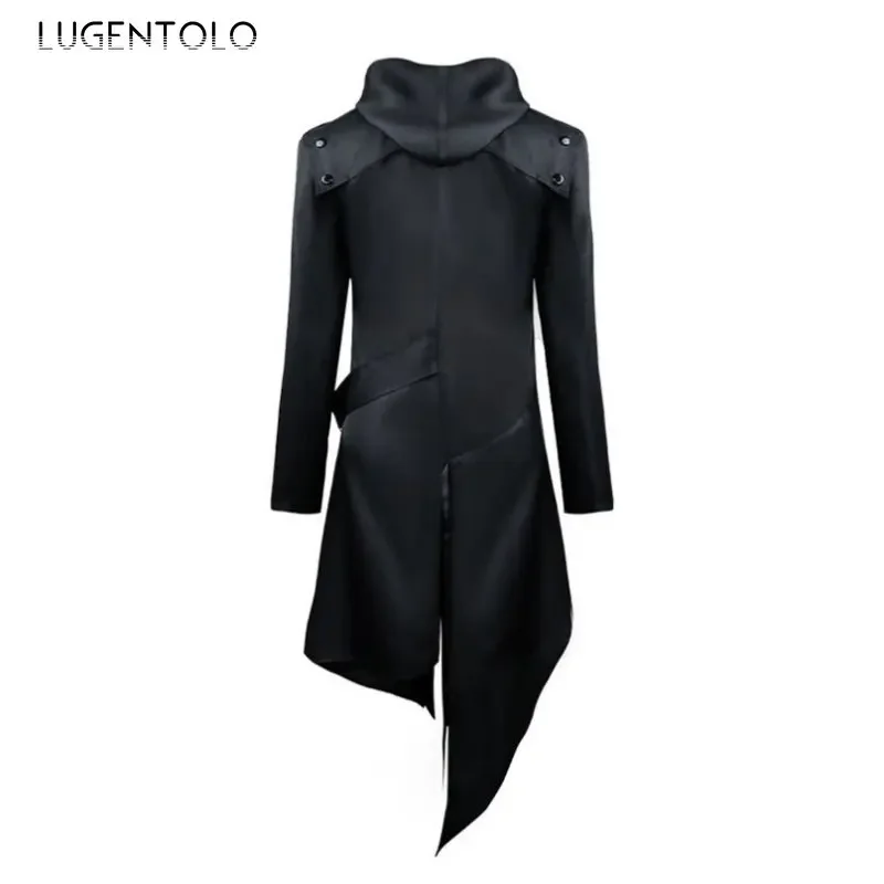 Men Gothic Steampunk Jacket Tailcoat Cosplay Halloween Hooded Assassin Costume Medieval Viking Warrior Zipper Black Coat 5XL